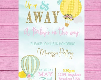 Hot Air Balloon Invitation, Baby SHower Up Up & Away Invite, Baby shower, Oh the places she'll go, Time Flies, Girls baby shower invite