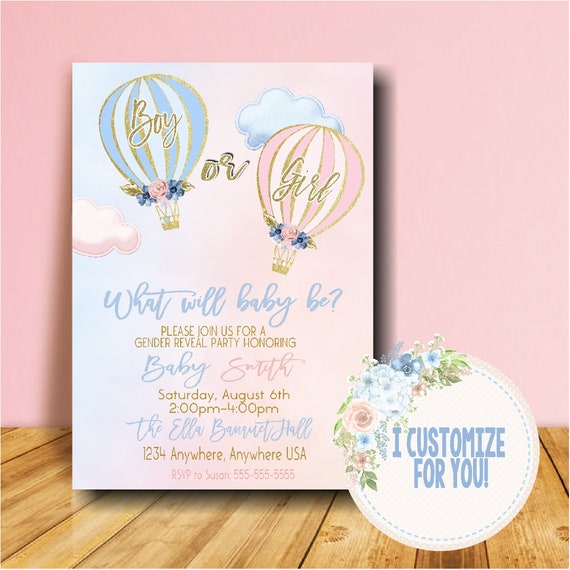 Blush Pink and Navy Gold Pink Navy Floral Hot Air Balloon Pink Or Blue Gender Reveal Invite Reveal Party He Or She Boy Or Girl