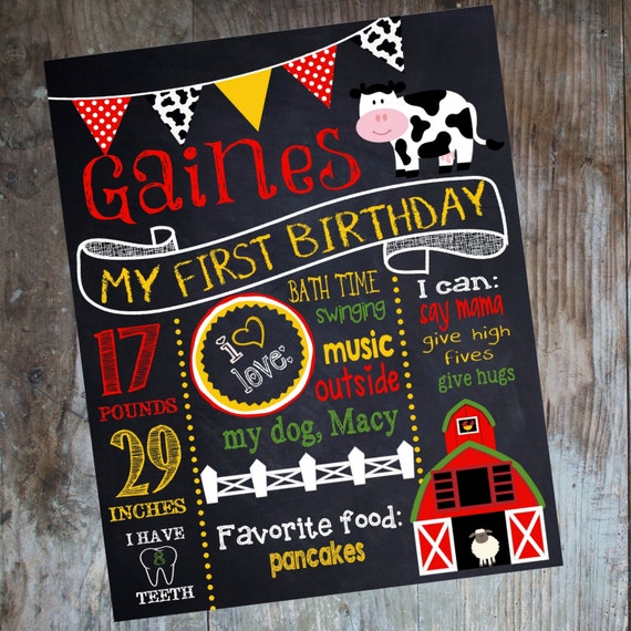Farm birthday sign, cow, First Birthday chalkboard, custom Poster Board Sign Printable Size 16x20 photo prop Il_570xn
