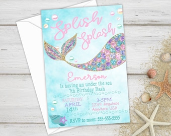 Mermaid Birthday Invite, Mermaid Party, Pink, gold, Teal, Glitter, Mermaid Tail, Birthday invitation, Under the Sea,Pool Party,Mermaid decor