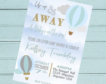 May include: A blue and white baby shower invitation with a hot air balloon design. The invitation reads "Up Up & Away a Baby's on the way!" and includes the name "Kelsey Trombley". The event is scheduled for Saturday, December 7th at 4:00 PM at the Ella Banquet Hall.