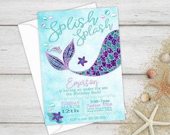 Mermaid Invite, Birthday Invitations, Mermaid Birthday Party, Birthday Invites, Mermaid Party, Under the Sea, Birthday Party Invitations