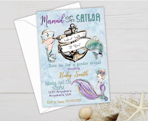 Mermaid or Sailor Gender Reveal, Gender Reveal Party, Baby Shower Invitation, Baby Gender Reveal, Boy or Girl, Gender Reveal Invites Il_570xn
