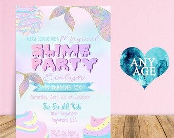 Slime Birthday Invitation, Mermaid Slime Party Invitations | Slime Invite | magical Birthday - Glitter Slime - Slime Party |
