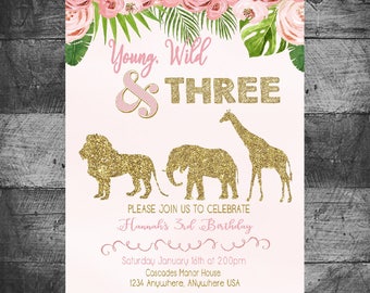 Young Wild Three Birthday Invitation | Safari Invitation | Jungle | Tropical | Floral | Monstera | Pink and Gold Glitter | Personalize