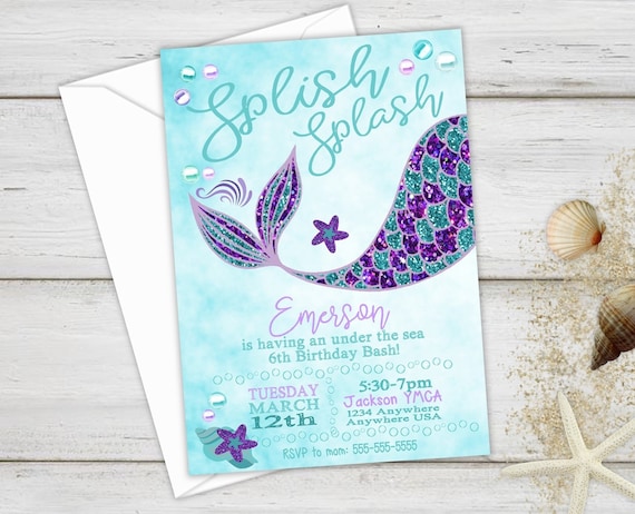 Mermaid Birthday, Mermaid Invite, Mermaid Party, Birthday Invitations, Splish Splash, Birthday Invites, Birthday Party Invitations, Glitter Il_570xn