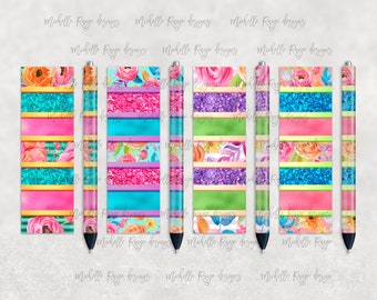 Watercolor Floral Glitter Stripes, Printable Waterslide Pen Wrap Design, Epoxy Pen Wrap, InkJoy, Instant Digital Download, Mockup Included