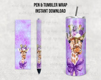 Purple Watercolor Giraffe, Bow, Animal Print, Waterslide Pen Wrap and Tumbler Design, Epoxy Pen Wraps, InkJoy, PNG, Instant, Mockup Included