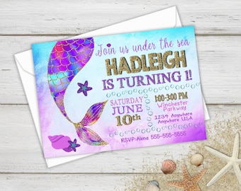 Birthday Party Invitations, Mermaid Birthday, Mermaid Party, Mermaid Invites, Birthday Invitations, Under the Sea, Mermaid Tail, Glitter