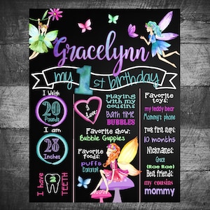 First Birthday Chalkboard | Fairy Garden | Fairies Birthday Board | Teal | Pink | Fairy Poster | Printable | Digital | Photo Prop Chalkboard