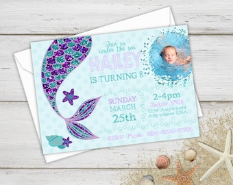 Mermaid Invite, Photo Invitations, Birthday Party Invitations, Mermaid Birthday, Birthday Invite with Photo, Mermaid Party, Birthday Invites