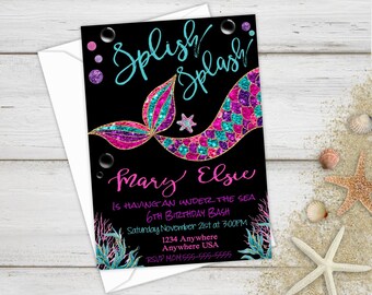 Mermaid Birthday, Birthday Party Invite, Mermaid Invitation, Mermaid Party, Under the Sea Invitation, Birthday Invitations, Mermaid Invite