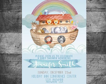 Noah's Ark Baby Shower invitation, Noah Ark Birthday invite,  Noah's | noahs ark party invitations | noahs ark invitations Noahs ark Shower