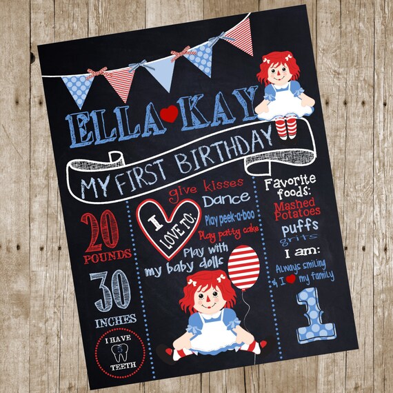 Raggedy ANN first birthday Chalkboard,Birthday sign, one First Birthday, Chalk Board, poster Sign Printable Size 16x20 photo prop Il_570xn