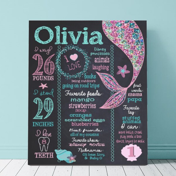 Mermaid Birthday Party Decorations, Milestone Chalkboard, Birthday Board, Mermaid Party, First Birthday Chalkboard, Birthday Decorations