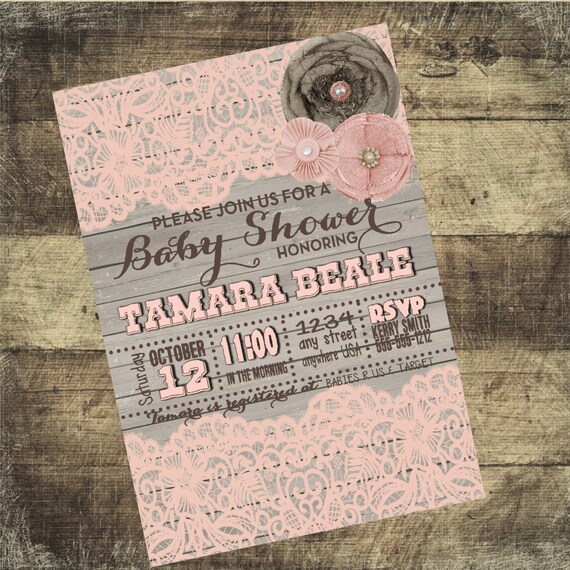 Rustic, Burlap and Lace, Wood, Rose, Girl Baby Shower Invitation, Shabby chic, Invite, Shabby, Printable, Customize, 5x7 Il_570xn