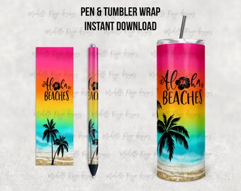 Bright Rainbow, Beach Waves, Aloha Beaches, Printable Waterslide Pen Wrap, Tumbler Design, Epoxy Pen Wrap, InkJoy, Instant, Mockup Included
