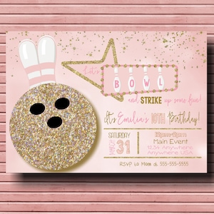 Girls Bowling Birthday Party Invitation | Party Invite | Pink and Gold Glitter | Bowling Birthday | Feminine | Digital File | Personalized