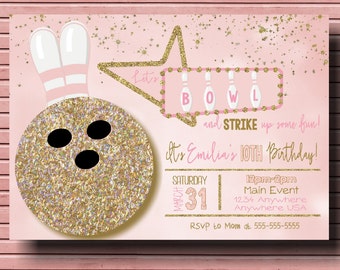 Girls Bowling Birthday Party Invitation | Party Invite | Pink and Gold Glitter | Bowling Birthday | Feminine | Digital File | Personalized