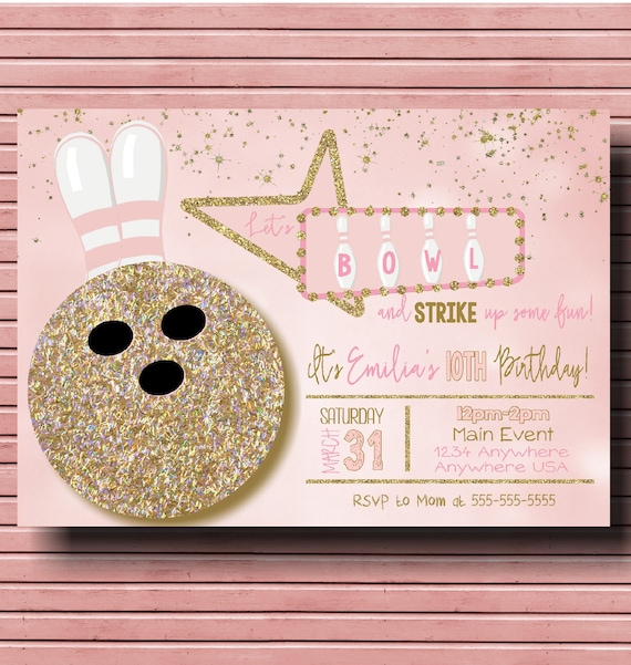 Girls Bowling Birthday invitation, Bowling invite, Pink Gold Girl, Bowling party invite, Bowling birthday, STRIKE,Bowling Party Digital file Il_570xn