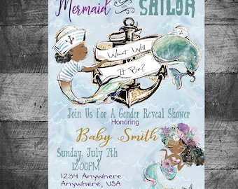 African American Mermaid or Sailor Gender Reveal | Gender Reveal Party | Baby Shower Invitation | Boy or Girl | Personalized | Digital