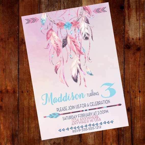 DREAM CATCHER invitation, Pow Wow Invitation. tribal baby Birthday, shower, Feather and Arrow, Tribal Invitation, Boho Birthday, Boho Chic, Il_570xn