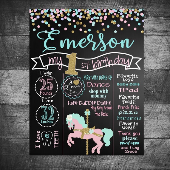First Birthday chalkboard carousel horse-birthday board chalkboard, Pink, Gold,Mint, Glitter, First Birthday chalk, 16x20 photo prop Il_570xn