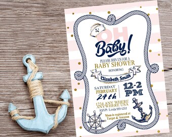 Nautical Baby SHower Invitation, Pink Gold, Anchor, Nautical Party, Invite, Nautical Boy Shower,Girl Baby Shower, Baby Shower Invite,