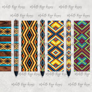 May include: Six different designs for pen wraps featuring geometric patterns in shades of blue, yellow, red, and orange. The designs are inspired by Native American art.