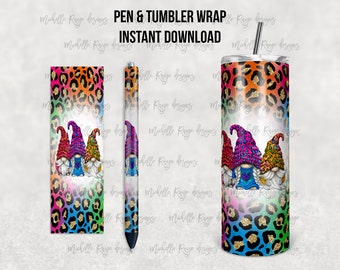 Bright Rainbow Leopard Print Gnomes, Printable Waterslide Pen Wrap, Tumbler Design, Epoxy Pen Wraps, InkJoy, PNG, Instant, Mockup Included