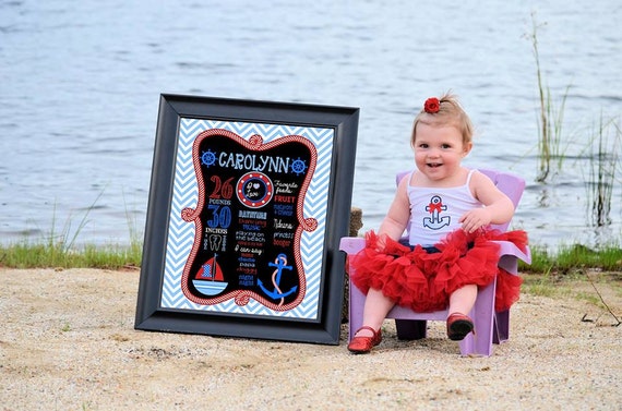 Chalkboard photo prop, Custom ship boat nautical girls First Birthday chalk Poster Board Sign Printable Size 16x20 photo prop Il_570xn