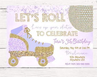 Roller Skating Birthday Party Invitation | Skate Party | Purple Watercolor | Gold Glitter | Disco Ball | Personalize | Printable | Digital