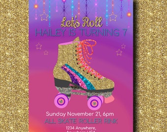 Roller Skating Birthday Invitation, Skating Party, Glitter Skate, Retro Roller Skate Party, Roller skating, Disco skating invite 80's Party