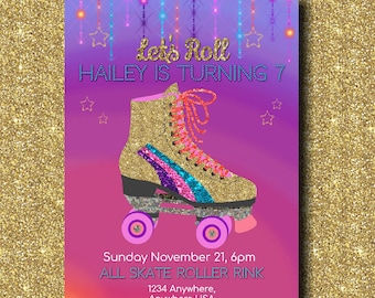 Roller Skating Birthday Invitation, Skating Party, Glitter Skate, Retro Roller Skate Party, Roller skating, Disco skating invite 80's Party