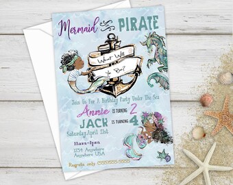 Mermaid or Pirate Birthday Party Invitations | Birthday Party Invites | Twin Birthday | Sibling Birthday | Personalize | Printable | Digital