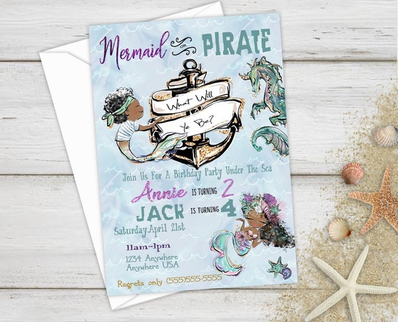 Mermaid or Pirate Birthday Invitation, Birthday Invitations, Twin Birthday, Sibling Birthday Invitations, Birthday Party Invitations Il_570xn