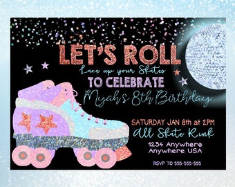 Roller Skating Birthday Party Invitation | Skate Party Invite | Glitter Roller Skates | Disco Ball | Printable | Personalized | Digital