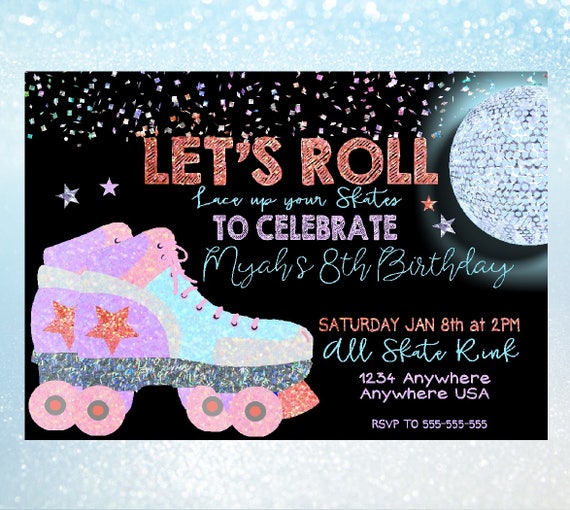 Roller Skating Birthday Invitation, Skating Party, Glitter Roller skates, 80's Party. Disco ball, Skate Party, skating invite, Printable Il_570xn