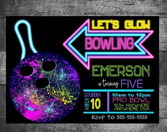 Neon Black Light Glowing Bowling Birthday Invitation | Bowling Party Invite | Bowling Birthday | Black Light Bowling Party | Personalize