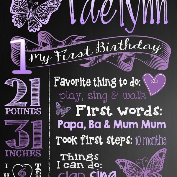 First Birthday Butterly Board, Butterfly Chalkboard, Butterfly Chalk sign,  First Birthday, Butterfly, Sign Printable Size 16x20 photo prop