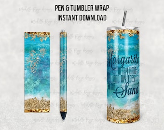 Blue Sea, Sand, Gold Glitter, Margarita in My Hand, Toes in Sand, Printable Tumbler Design, Epoxy Pen Wrap, InkJoy, Instant, Mockup