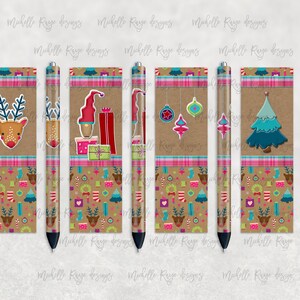 May include: Six different Christmas themed pens with brown and pink plaid, a reindeer, a Christmas tree, a gnome, and ornaments. The pens are wrapped in brown paper with a Christmas pattern.