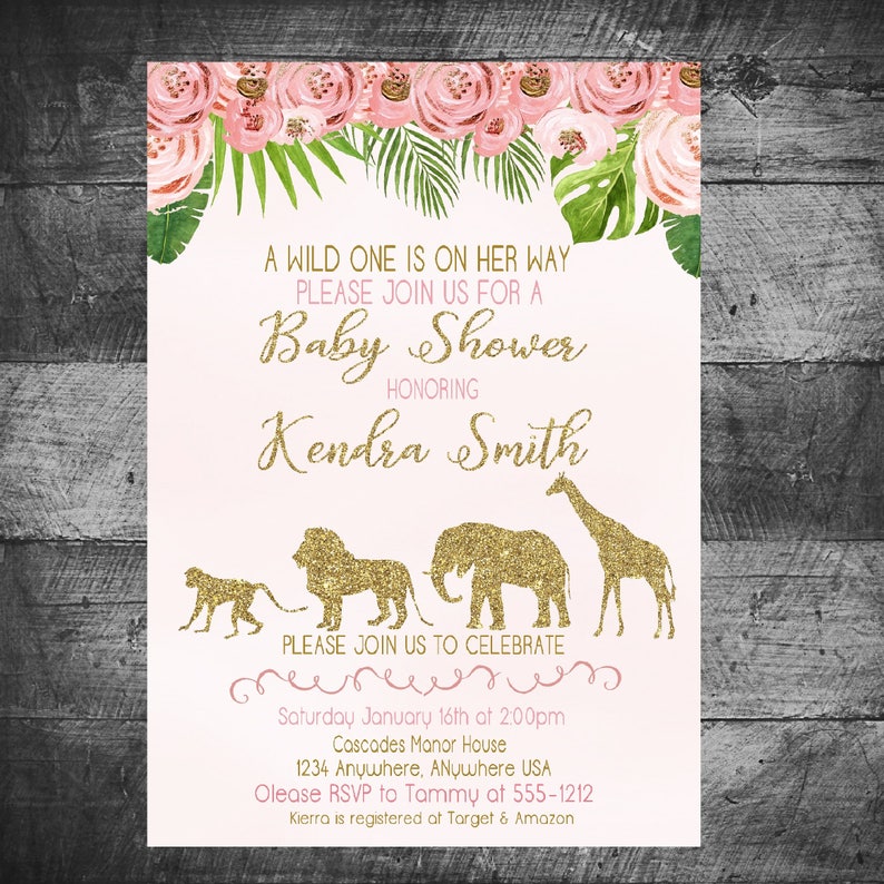 Safari Birthday Invitation, Jungle Safari Baby Shower Invitation, Jungle, Monstera Pink and Gold Jungle Safari Invite, Jungle invitation image 1