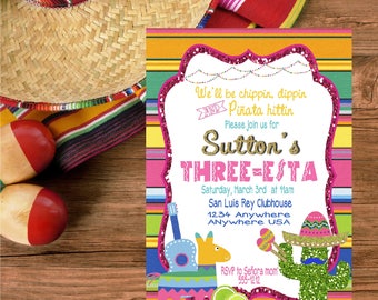 Three-esta Birthday Invitation | Birthday Party Invite | Fiesta Party | Tacos Fiesta | Taco Birthday Party | Mexican Fiesta | Personalized