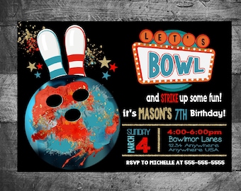 Bowling invitation, Boys Bowling birthday invitation, Bowling, Bowling party invitation, Bowling birthday, STRIKE,Bowling Party Digital file