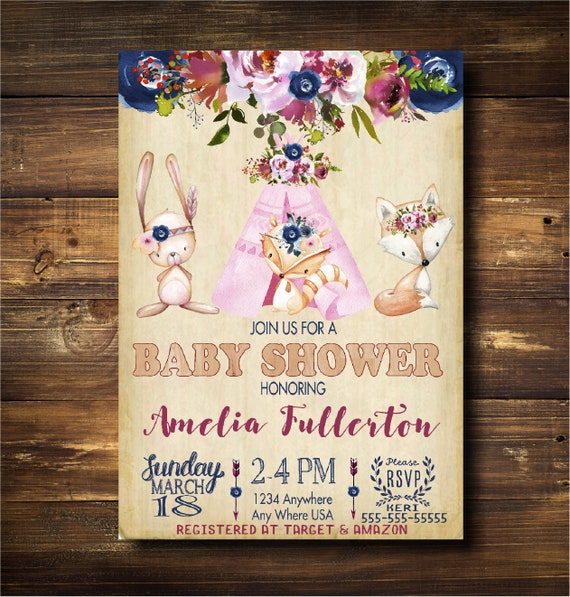 Woodland Baby SHower, Baby Shower invite, Woodland Baby shower | Tribal Flower invitations | Watercolor invitations Fox Baby SHower Il_570xn