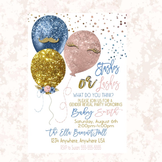 Balloon Gender Reveal Invitation, Boy or girl, Stashes or Lashes Baby , Invite blue or pink printable blue blush pink gold Glitter, 009 Il_570xn