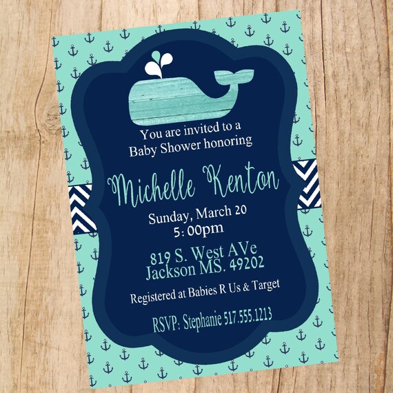 Whale Baby shower invitation, Nautical invite, Whale Birthday, baby shower, Anchor , Birthday Invitation, Mint green blue Il_570xn