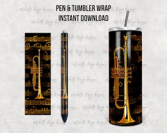 Trumpet Musical Instrument, Sheet Music, Waterslide Pen Wrap and Tumbler Design, Epoxy Pen Wraps, InkJoy, PNG, Instant, Mockup Included
