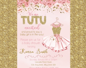 Ballerina Baby Shower Invitation, Tutu Invitation, Tutu Baby Shower Invitation, Pink and Gold Girl Baby Shower Invite, Ballerina invitation